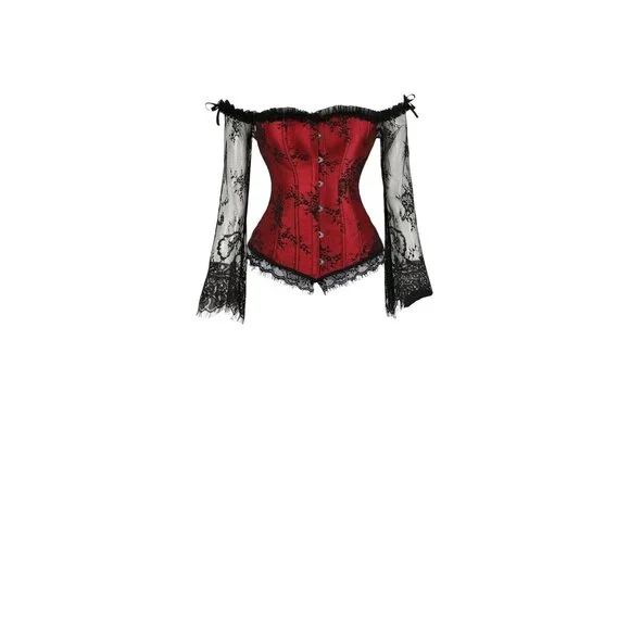 Gothic Red & Black Lace Off-Shoulder Corset Top Bell Sleeves Bustier Blouse 7XL - Picture 1 of 12